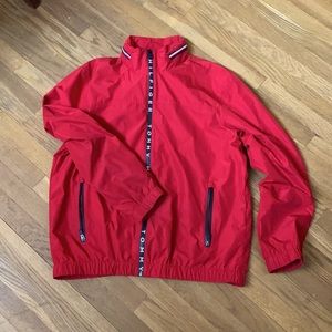 Tommy Hilfiger men’s large red windbreaker with hidden yellow hood